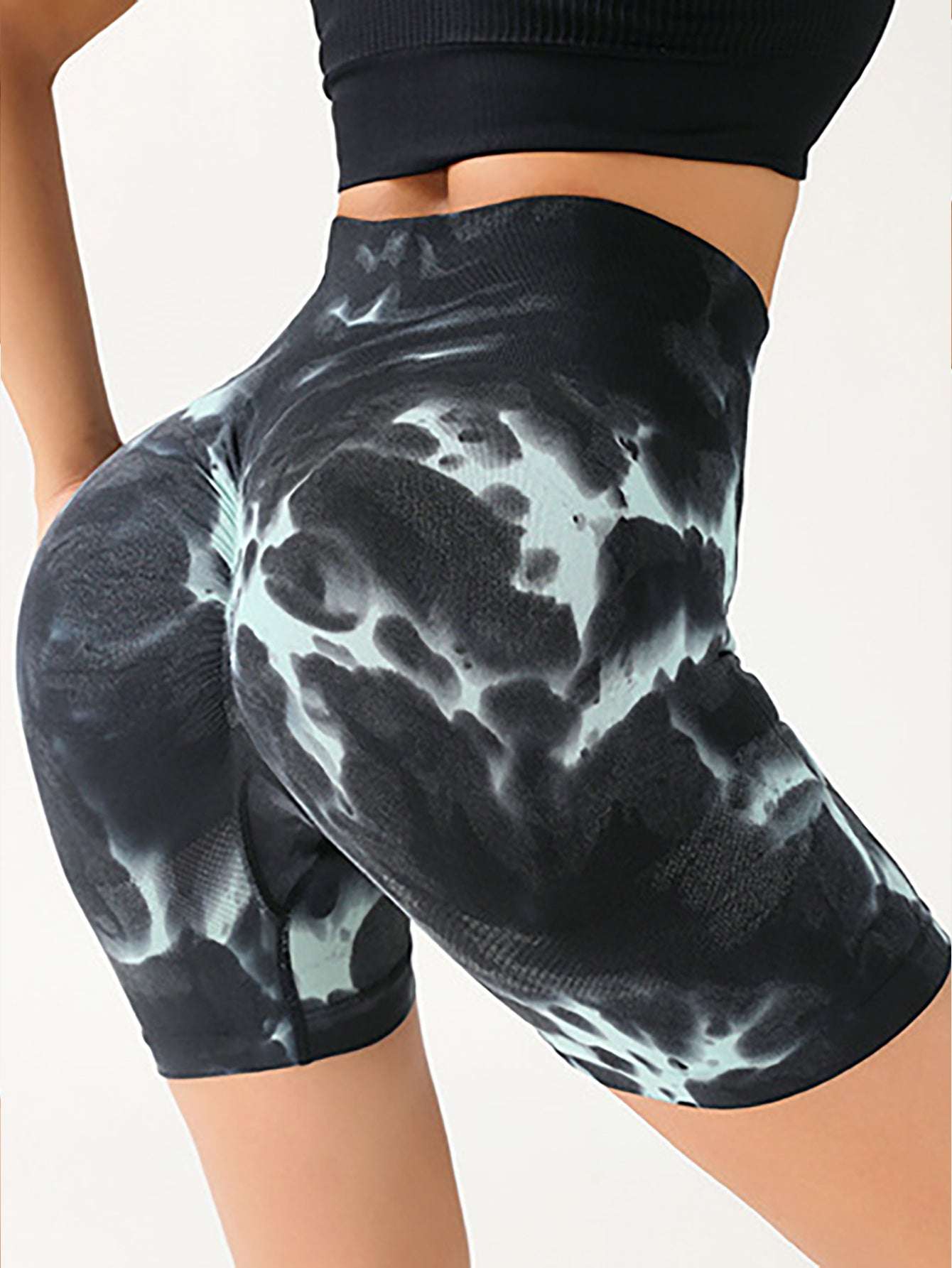 High Waist Tummy Control Yoga Shorts For Women, Tie-Dye Ruched Booty Lifting Workout Fitness Shorts, Hip Lifting Sports Activewear, Gym Exercise Running Shorts